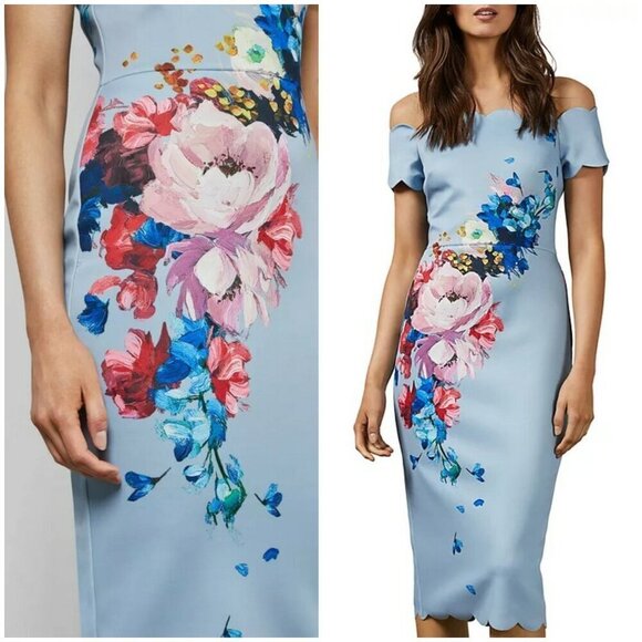 💕TED BAKER💕 Hailly Bardot Dress ~ Raspberry Ripple Print TB Size 4 = US 10 NWT - Picture 9 of 16